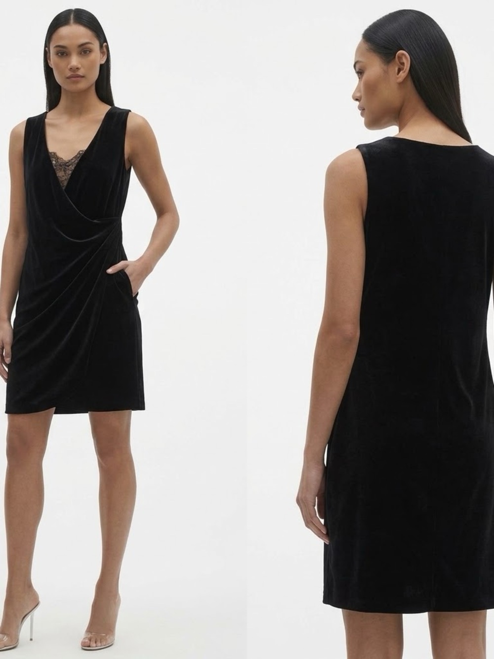 NWT Diane Von Furstenberg Black Velvet Draped Silk Lace V-Neck Mini Dress Size 6